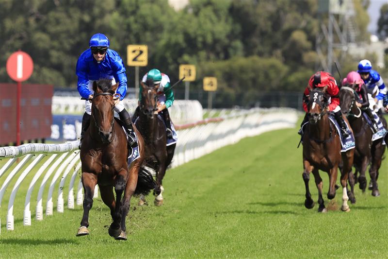 SYDNEY, AUSTRALIA - MARCH 19: James McDonald on Anamoe wins race 6 the Sky Racing Active Rosehill Guineas during Sydney Racing Longines Golden Slipper Day, at Rosehill Gardens on March 19, 2022 in Sydney, Australia. (Photo by Mark Evans/Getty Images)