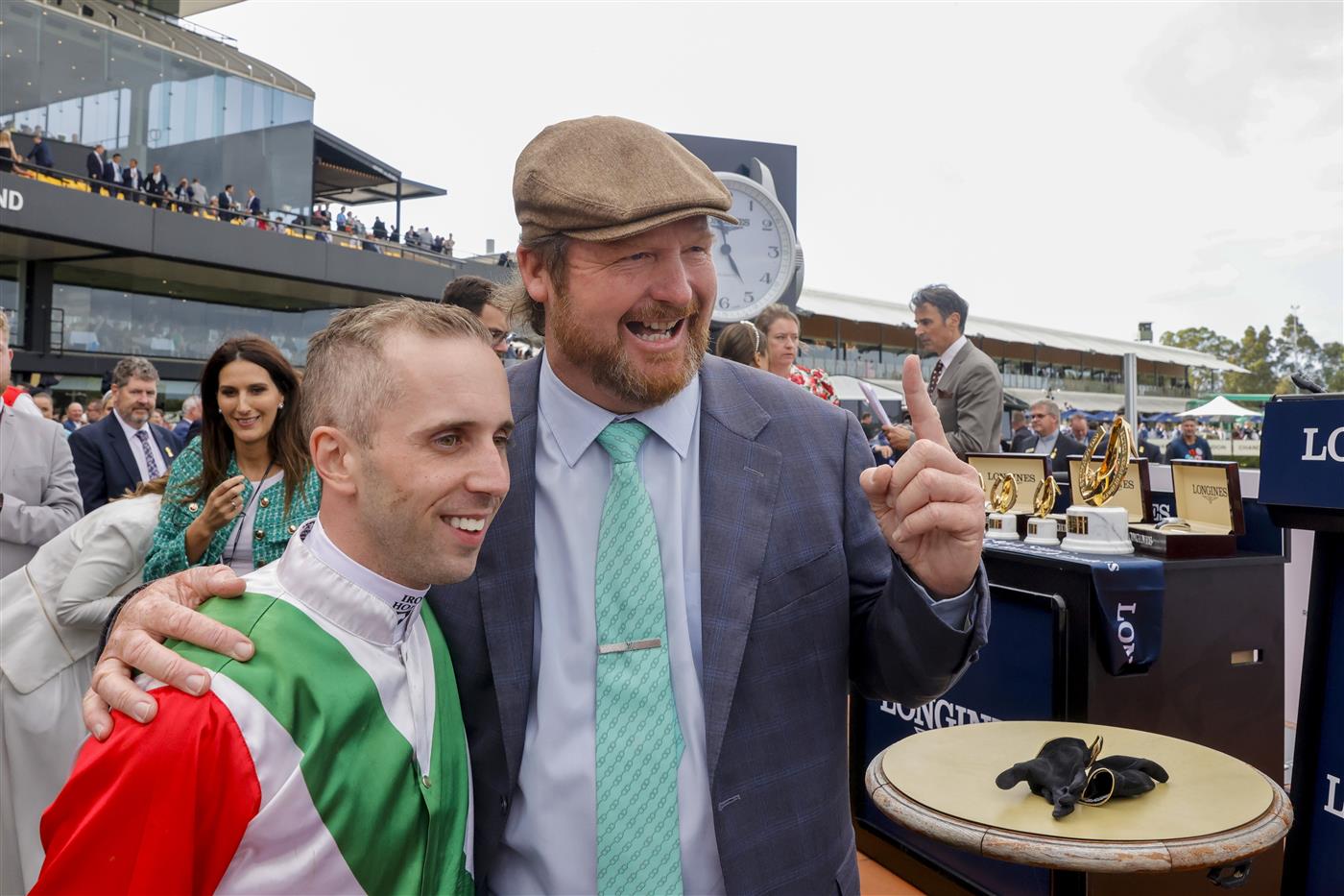 SYDNEY, AUSTRALIA - MARCH 19: Trainer Gary Portelli and Brenton Avdulla celebrate winning race 8 the Longines Golden Slipper with Fireburn during Sydney Racing Longines Golden Slipper Day, at Rosehill Gardens on March 19, 2022 in Sydney, Australia. (Photo by Jenny Evans/Getty Images)