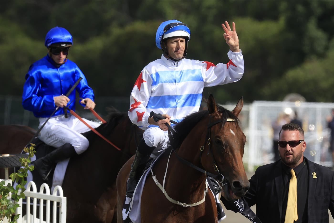 SYDNEY, AUSTRALIA - MARCH 19: Hugh Bowman on Forbidden Love returns to scale after winning race 7 the Agency George Ryder Stakes during Sydney Racing Longines Golden Slipper Day, at Rosehill Gardens on March 19, 2022 in Sydney, Australia. (Photo by Mark Evans/Getty Images)
