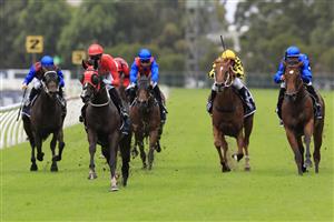 SYDNEY, AUSTRALIA - MARCH 19: Sam Clipperton on Mazu wins race 2 the Irresistible Pools Darby Munro Stakes during Sydney Racing Longines Golden Slipper Day, at Rosehill Gardens on March 19, 2022 in Sydney, Australia. (Photo by Mark Evans/Getty Images)