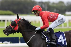 SYDNEY, AUSTRALIA - MARCH 19: Sam Clipperton on Mazu wins race 2 the Irresistible Pools Darby Munro Stakes during Sydney Racing Longines Golden Slipper Day, at Rosehill Gardens on March 19, 2022 in Sydney, Australia. (Photo by Mark Evans/Getty Images)
