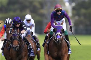 SYDNEY, AUSTRALIA - MARCH 19: Robbie Dolan on Shelby SixtySix wins race 9 the Furphy Galaxy during Sydney Racing Longines Golden Slipper Day, at Rosehill Gardens on March 19, 2022 in Sydney, Australia. (Photo by Mark Evans/Getty Images)