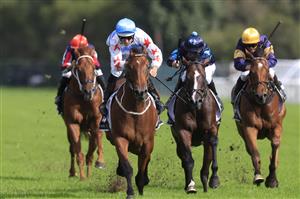 SYDNEY, AUSTRALIA - MARCH 19: Hugh Bowman on Forbidden Love wins race 7 the Agency George Ryder Stakes during Sydney Racing Longines Golden Slipper Day, at Rosehill Gardens on March 19, 2022 in Sydney, Australia. (Photo by Mark Evans/Getty Images)