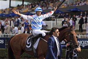 SYDNEY, AUSTRALIA - MARCH 19: Hugh Bowman on Forbidden Love returns to scale after winning race 7 the Agency George Ryder Stakes during Sydney Racing Longines Golden Slipper Day, at Rosehill Gardens on March 19, 2022 in Sydney, Australia. (Photo by Mark Evans/Getty Images)