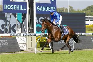 SYDNEY, AUSTRALIA - MARCH 19: James McDonald on Anamoe wins race 6 the Sky Racing Active Rosehill Guineas during Sydney Racing Longines Golden Slipper Day, at Rosehill Gardens on March 19, 2022 in Sydney, Australia. (Photo by Jenny Evans/Getty Images)