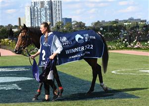 MELBOURNE, AUSTRALIA - MARCH 19: Zaaki after winning Race 6, the The Seppelt Wines All-star Mile, during All-Star Mile Race day at Flemington Racecourse on March 19, 2022 in Melbourne, Australia. (Photo by Vince Caligiuri/Getty Images)