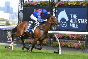 MELBOURNE, AUSTRALIA - MARCH 19: Jamie Kah riding Zaaki winning Race 6, the The Seppelt Wines All-star Mile, during All-Star Mile Race day at Flemington Racecourse on March 19, 2022 in Melbourne, Australia. (Photo by Vince Caligiuri/Getty Images)