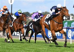 MELBOURNE, AUSTRALIA - MARCH 19: Michael Dee riding Pondus winning Race 8, the The Seppelt Wines Regal Power, during All-Star Mile Race day at Flemington Racecourse on March 19, 2022 in Melbourne, Australia. (Photo by Vince Caligiuri/Getty Images)