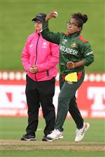 WELLINGTON, NEW ZEALAND - MARCH 25: Rumana Ahmed of Bangladesh bowls during the 2022 ICC Women's Cricket World Cup match between Bangladesh and Australia at Basin Reserve on March 25, 2022 in Wellington, New Zealand. (Photo by Fiona Goodall/Getty Images)