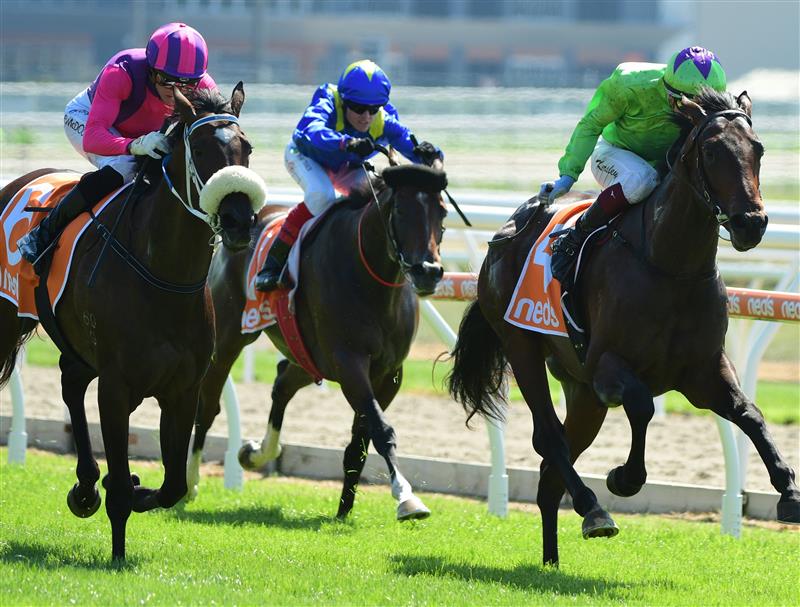 MELBOURNE, AUSTRALIA - MARCH 26:  Fred Kersley riding Virtuous Circle winning Race 2, the Cleanaway Sustainability Sires, during Mornington Cup Day at Mornington Racecourse on March 26, 2022 in Melbourne, Australia. (Photo by Vince Caligiuri/Getty Images)