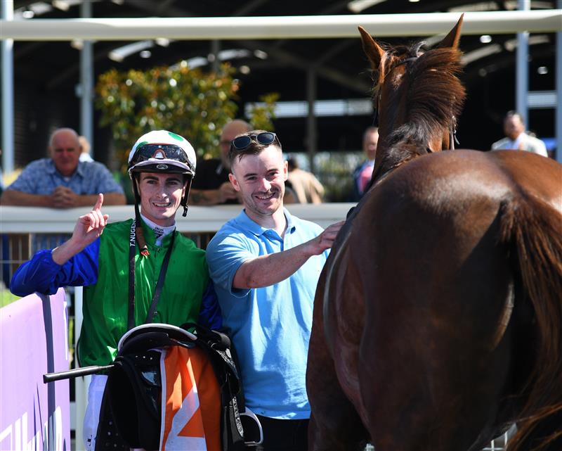 MELBOURNE, AUSTRALIA - MARCH 26:  Teodore Nugent after riding Quintello to win Race 1, the Asset Painting Services Handicap, during Mornington Cup Day at Mornington Racecourse on March 26, 2022 in Melbourne, Australia. (Photo by Vince Caligiuri/Getty Images)