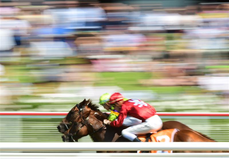 MELBOURNE, AUSTRALIA - MARCH 26:  Michael Dee riding Forever Free (green) defeats Logan McNeil riding Midwest in Race 3, the Ids Security Handicap, during Mornington Cup Day at Mornington Racecourse on March 26, 2022 in Melbourne, Australia. (Photo by Vince Caligiuri/Getty Images)