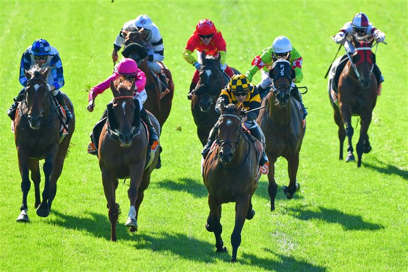 MELBOURNE, AUSTRALIA - MARCH 26: Patrick Moloney riding Not an Option winning Race 7, the Neds Hareeba Stakes, during Mornington Cup Day at Mornington Racecourse on March 26, 2022 in Melbourne, Australia. (Photo by Vince Caligiuri/Getty Images)