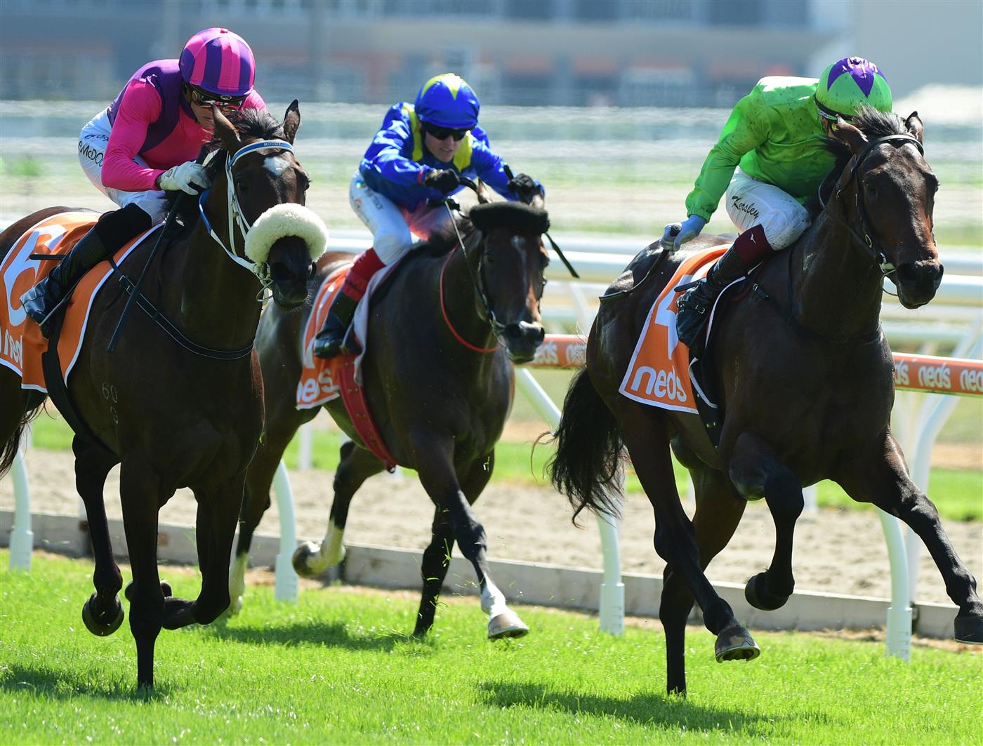 MELBOURNE, AUSTRALIA - MARCH 26:  Fred Kersley riding Virtuous Circle winning Race 2, the Cleanaway Sustainability Sires, during Mornington Cup Day at Mornington Racecourse on March 26, 2022 in Melbourne, Australia. (Photo by Vince Caligiuri/Getty Images)