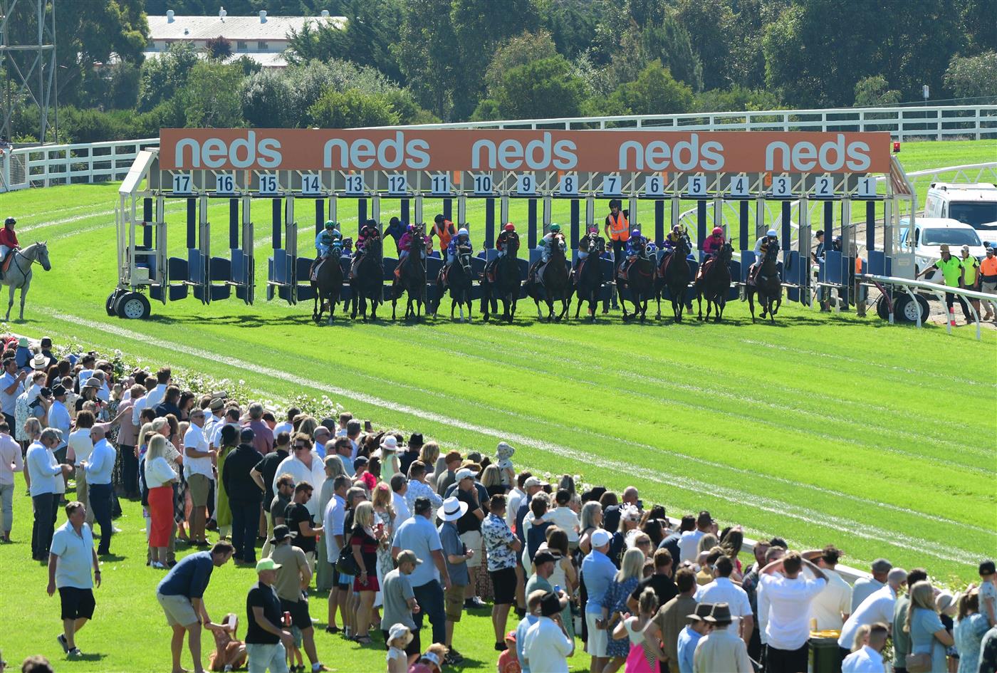 MELBOURNE, AUSTRALIA - MARCH 26: Barrier start before Damien Oliver riding Rousseau wins Race 5, the Surdex Sheet And Coil Handicap, during Mornington Cup Day at Mornington Racecourse on March 26, 2022 in Melbourne, Australia. (Photo by Vince Caligiuri/Getty Images)