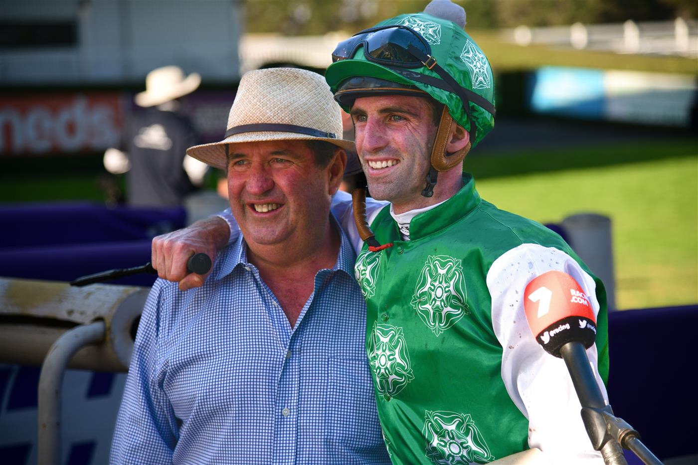 MELBOURNE, AUSTRALIA - MARCH 26: Jake Noonan poses with father and trainer Tony Noonan after riding It's Tornado Storm wins Race 9, the No Fuss Event Hire Handicap during Mornington Cup Day at Mornington Racecourse on March 26, 2022 in Melbourne, Australia. (Getty)