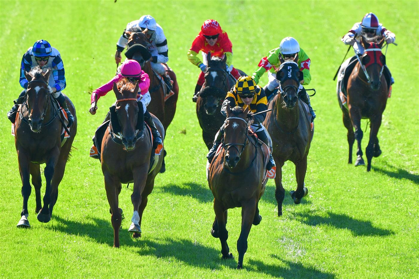 MELBOURNE, AUSTRALIA - MARCH 26: Patrick Moloney riding Not an Option winning Race 7, the Neds Hareeba Stakes, during Mornington Cup Day at Mornington Racecourse on March 26, 2022 in Melbourne, Australia. (Photo by Vince Caligiuri/Getty Images)