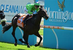 MELBOURNE, AUSTRALIA - MARCH 26: Fred Kersley riding Virtuous Circle winning Race 2, the Cleanaway Sustainability Sires, during Mornington Cup Day at Mornington Racecourse on March 26, 2022 in Melbourne, Australia. (Photo by Vince Caligiuri/Getty Images)