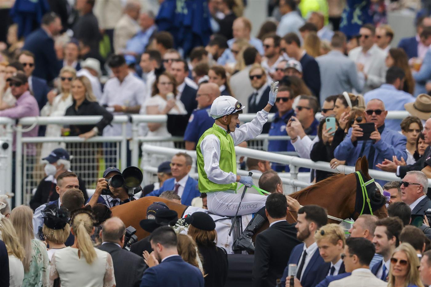 SYDNEY, AUSTRALIA - APRIL 02: Nick Heywood on Another One returns to scale after winning race 5 the Newhaven Park Country Championship Final during The Star Championships Day 1 at Royal Randwick Racecourse on April 02, 2022 in Sydney, Australia. (Photo by Jenny Evans/Getty Images)