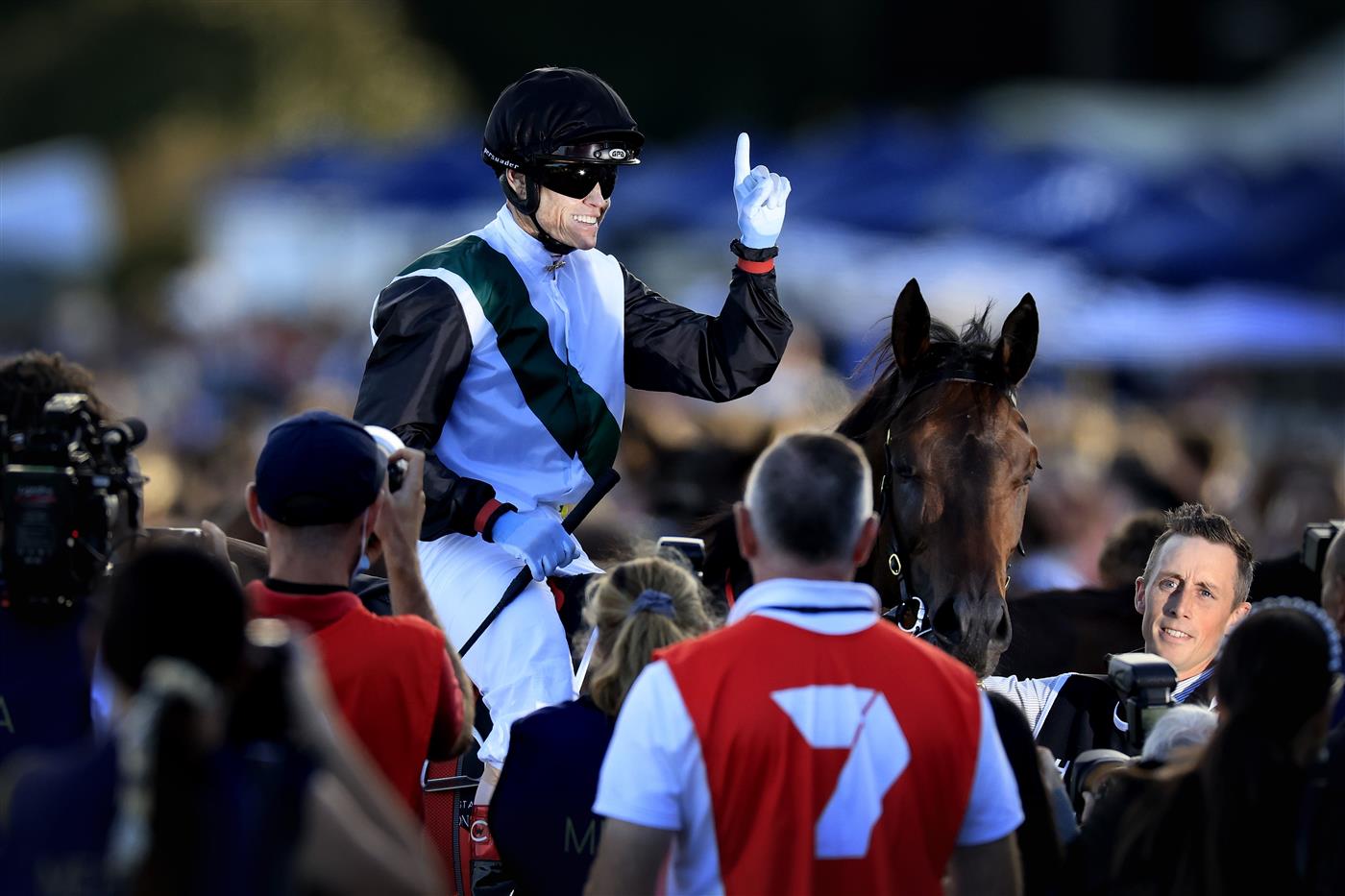 SYDNEY, AUSTRALIA - APRIL 02: Craig Williams on Mr Brightside returns to scale after winning race 9 the Star Doncaster Mile during The Star Championships Day 1 at Royal Randwick Racecourse on April 02, 2022 in Sydney, Australia. (Photo by Mark Evans/Getty Images)
