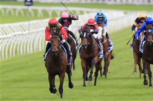 SYDNEY, AUSTRALIA - APRIL 02: Brenton Avdulla on Fireburn wins race 6 the Inglis Sires during The Star Championships Day 1 at Royal Randwick Racecourse on April 02, 2022 in Sydney, Australia. (Photo by Mark Evans/Getty Images)