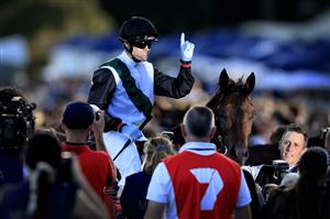 SYDNEY, AUSTRALIA - APRIL 02: Craig Williams on Mr Brightside returns to scale after winning race 9 the Star Doncaster Mile during The Star Championships Day 1 at Royal Randwick Racecourse on April 02, 2022 in Sydney, Australia. (Photo by Mark Evans/Getty Images)