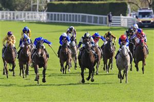 SYDNEY, AUSTRALIA - APRIL 02: John Allen on Hitotsu (pale blue and yellow) wins race 7 the Bentley Australian Derby during The Star Championships Day 1 at Royal Randwick Racecourse on April 02, 2022 in Sydney, Australia. (Photo by Mark Evans/Getty Images)