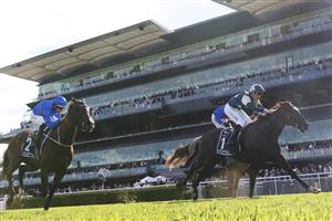 SYDNEY, AUSTRALIA - APRIL 02: John Allen on Hitotsu wins race 7 the Bentley Australian Derby during The Star Championships Day 1 at Royal Randwick Racecourse on April 02, 2022 in Sydney, Australia. (Photo by Mark Evans/Getty Images)