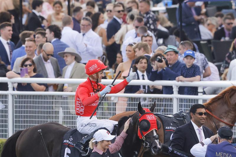 SYDNEY, AUSTRALIA - APRIL 09: Sam Clipperton on Mazu returns to scale after winning ?race 5 the Arrowfield 3yo Sprint during The Championships Day 2, Longines Queen Elizabeth Stakes Day, at Royal Randwick Racecourse on April 09, 2022 in Sydney, Australia. (Photo by Jenny Evans/Getty Images