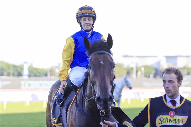 SYDNEY, AUSTRALIA - APRIL 09: Rachel King on Knights Order returns to scale after winning race 7 the Schweppes Sydney Cup during The Championships Day 2, Longines Queen Elizabeth Stakes Day, at Royal Randwick Racecourse on April 09, 2022 in Sydney, Australia. (Photo by Mark Evans/Getty Images)