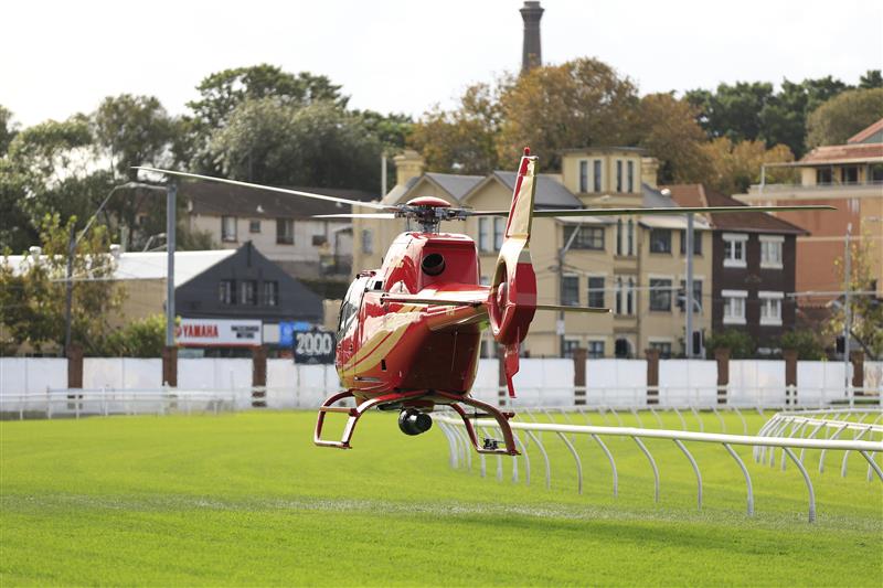 SYDNEY, AUSTRALIA - APRIL 09: A helicopter drys the track ahead of The Championships Day 2, Longines Queen Elizabeth Stakes Day, at Royal Randwick Racecourse on April 09, 2022 in Sydney, Australia. (Photo by Mark Evans/Getty Images)