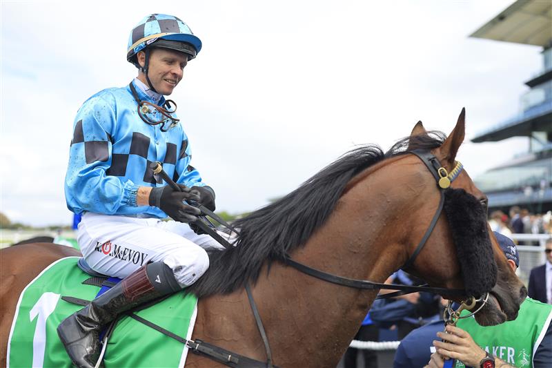 SYDNEY, AUSTRALIA - APRIL 09: Kerrin McEvoy on Williamsburg returns to scale after winning race 1 the Grainshaker Vodka Fernhill Mile during The Championships Day 2, Longines Queen Elizabeth Stakes Day, at Royal Randwick Racecourse on April 09, 2022 in Sydney, Australia. (Photo by Mark Evans/Getty Images)
