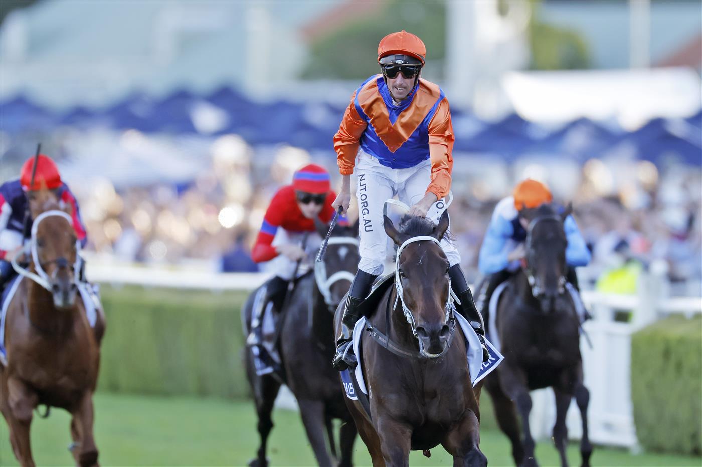 SYDNEY, AUSTRALIA - APRIL 09: Nash Rawiller on Think It Over wins race 8 the Longines Queen Elizabeth Stakes during The Championships Day 2, Longines Queen Elizabeth Stakes Day, at Royal Randwick Racecourse on April 09, 2022 in Sydney, Australia. (Photo by Mark Evans/Getty Images)