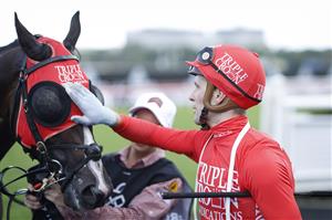 SYDNEY, AUSTRALIA - APRIL 09: Sam Clipperton on Mazu returns to scale after winning race 5 the Arrowfield 3YO Sprint during The Championships Day 2, Longines Queen Elizabeth Stakes Day, at Royal Randwick Racecourse on April 09, 2022 in Sydney, Australia. (Photo by Mark Evans/Getty Images)
