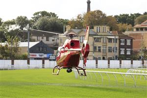 SYDNEY, AUSTRALIA - APRIL 09: A helicopter drys the track ahead of The Championships Day 2, Longines Queen Elizabeth Stakes Day, at Royal Randwick Racecourse on April 09, 2022 in Sydney, Australia. (Photo by Mark Evans/Getty Images)