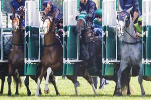 SYDNEY, AUSTRALIA - APRIL 09: Horses and jockeys jump from the gates for race 6 The Star Australian Oaks during The Championships Day 2, Longines Queen Elizabeth Stakes Day, at Royal Randwick Racecourse on April 09, 2022 in Sydney, Australia. (Photo by Jenny Evans/Getty Images)
