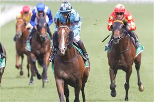 SYDNEY, AUSTRALIA - APRIL 09: Kerrin McEvoy on Williamsburg wins race 1 the Grainshaker Vodka Fernhill Mile during The Championships Day 2, Longines Queen Elizabeth Stakes Day, at Royal Randwick Racecourse on April 09, 2022 in Sydney, Australia. (Photo by Jenny Evans/Getty Images)
