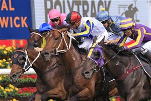 SYDNEY, AUSTRALIA - APRIL 09: Nash Rawiller on Kinloch (green/red cap) wins race 3 the Polytrack Provincial-Midway Championships Final during The Championships Day 2, Longines Queen Elizabeth Stakes Day, at Royal Randwick Racecourse on April 09, 2022 in Sydney, Australia. (Photo by Mark Evans/Getty Images)