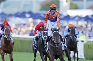SYDNEY, AUSTRALIA - APRIL 09: Nash Rawiller on Think It Over wins race 8 the Longines Queen Elizabeth Stakes during The Championships Day 2, Longines Queen Elizabeth Stakes Day, at Royal Randwick Racecourse on April 09, 2022 in Sydney, Australia. (Photo by Mark Evans/Getty Images)