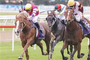 HAWKESBURY, AUSTRALIA - APRIL 30: William Pike on Mr Mozart wins race 7 the Blacktown Workers Hawkesbury Guineas during Hawkesbury Cup Day at Hawkesbury Race Club on April 30, 2022 in Hawkesbury, Australia. (Photo by Jenny Evans/Getty Images)