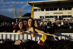 HAWKESBURY, AUSTRALIA - APRIL 30: Women pose for a photo during Hawkesbury Cup Day at Hawkesbury Race Club on April 30, 2022 in Hawkesbury, Australia. (Photo by Jenny Evans/Getty Images)
