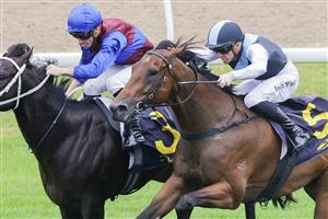 HAWKESBURY, AUSTRALIA - APRIL 30: Joshua Parr on Burgunder wins race 1 the St Johns Park 2yo Clarendon Stakes during Hawkesbury Cup Day at Hawkesbury Race Club on April 30, 2022 in Hawkesbury, Australia. (Photo by Jenny Evans/Getty Images)