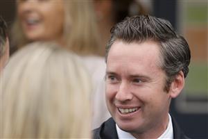 HAWKESBURY, AUSTRALIA - APRIL 30: Adrian Bott smiles after winning race 1 the St Johns Park 2yo Clarendon Stakes with Burgunder during Hawkesbury Cup Day at Hawkesbury Race Club on April 30, 2022 in Hawkesbury, Australia. (Photo by Jenny Evans/Getty Images)
