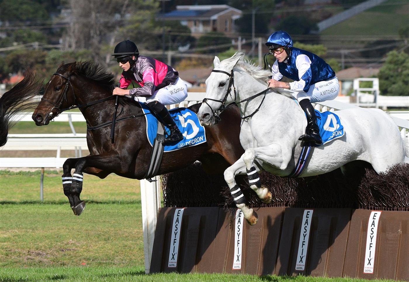 WARRNAMBOOL, AUSTRALIA - MAY 03: Will Gordon riding  Vanguard jumps diring the first lap alongside Aaron Mitchell riding Valac  before winning Race 6, the 3yb Fm Brierly Steeplechase, during Brierly Steeplechase day at Warrnambool Racing Club on May 03, 2022 in Warrnambool, Australia. (Photo by Vince Caligiuri/Getty Images)