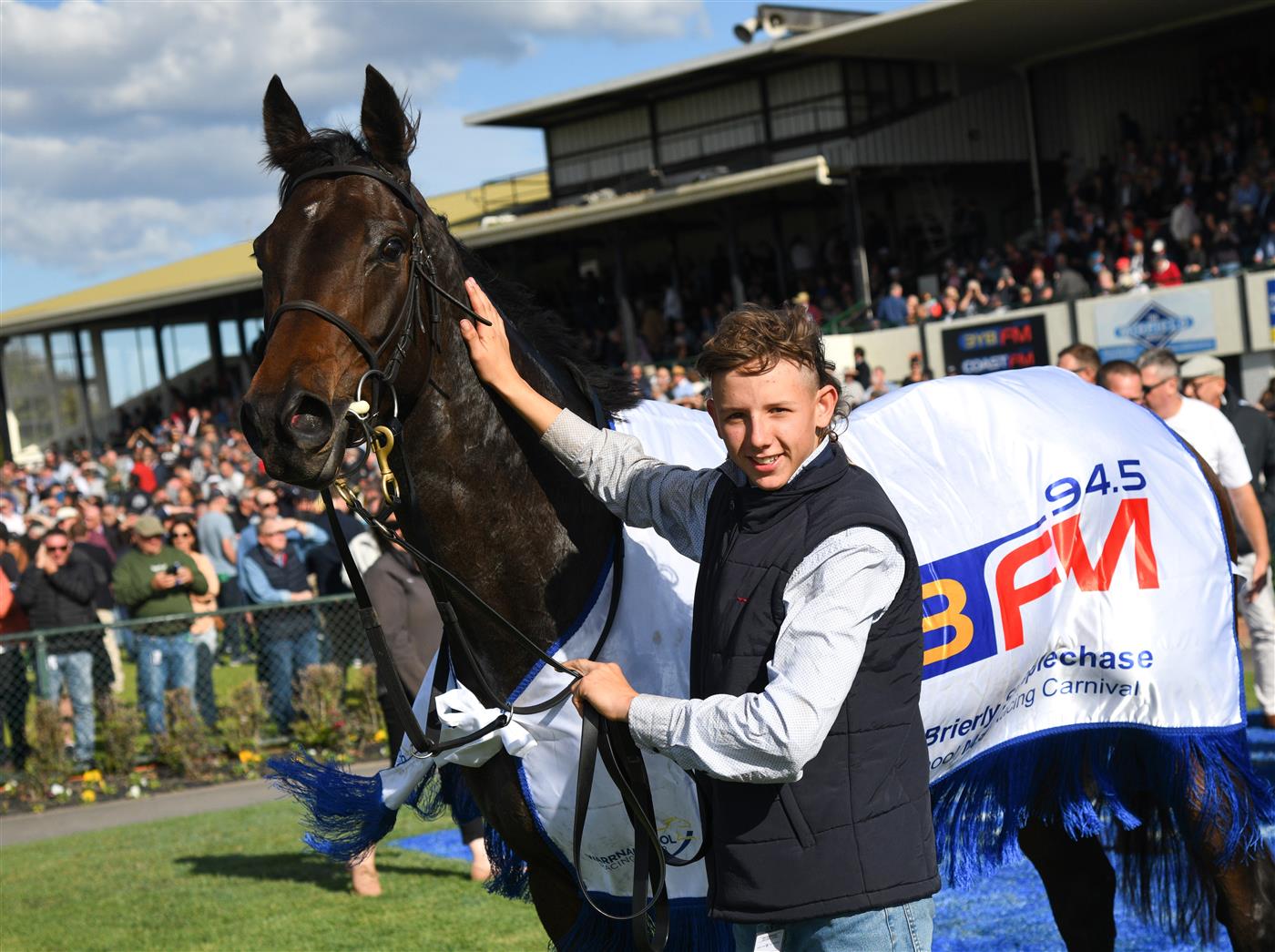 WARRNAMBOOL, AUSTRALIA - MAY 03: Vanguard after winning Race 6, the 3yb Fm Brierly Steeplechase, during Brierly Steeplechase day at Warrnambool Racing Club on May 03, 2022 in Warrnambool, Australia. (Photo by Vince Caligiuri/Getty Images)