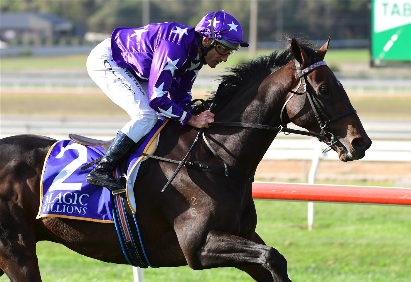 WARRNAMBOOL, AUSTRALIA - MAY 03: Damien Oliver riding Bermadez winning Race 8,  the Magic Millions National Sale Handicap, during Brierly Steeplechase day at Warrnambool Racing Club on May 03, 2022 in Warrnambool, Australia. (Photo by Vince Caligiuri/Getty Images)