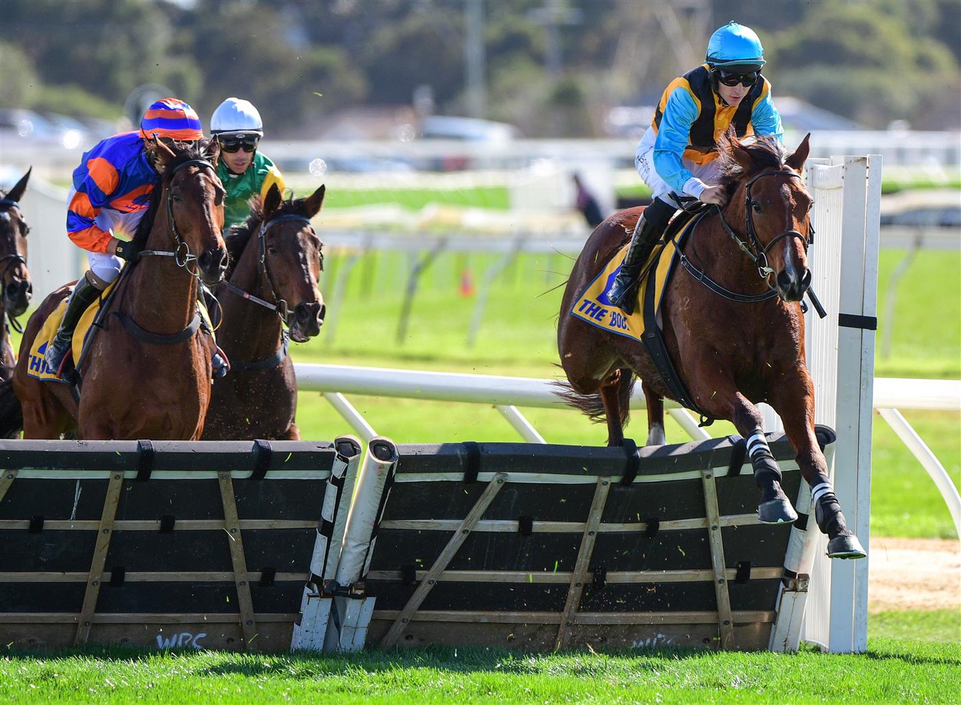 WARRNAMBOOL, AUSTRALIA - MAY 03: Will Gordon riding Count Zero winning Race 2, the Cally Hotel Maiden Hurdle, during Brierly Steeplechase day at Warrnambool Racing Club on May 03, 2022 in Warrnambool, Australia. (Photo by Vince Caligiuri/Getty Images)