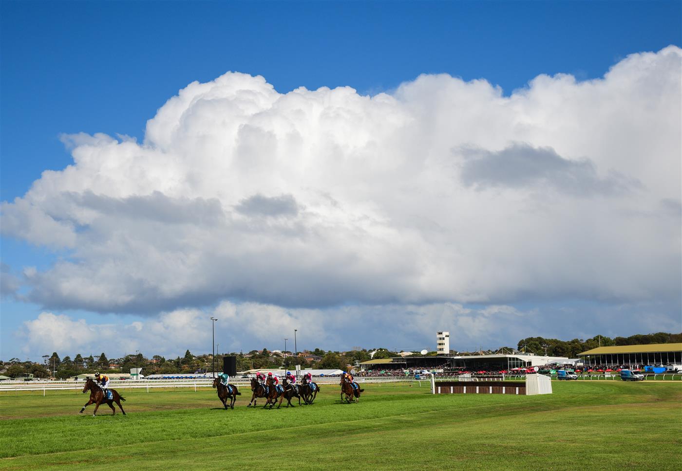 WARRNAMBOOL, AUSTRALIA - MAY 04: General view of Race 5, the Decron Dunroe Bm120 Steeplechase,  during Galleywood Hurdle day at Warrnambool Racing Club on May 04, 2022 in Warrnambool, Australia. (Photo by Vince Caligiuri/Getty Images)
