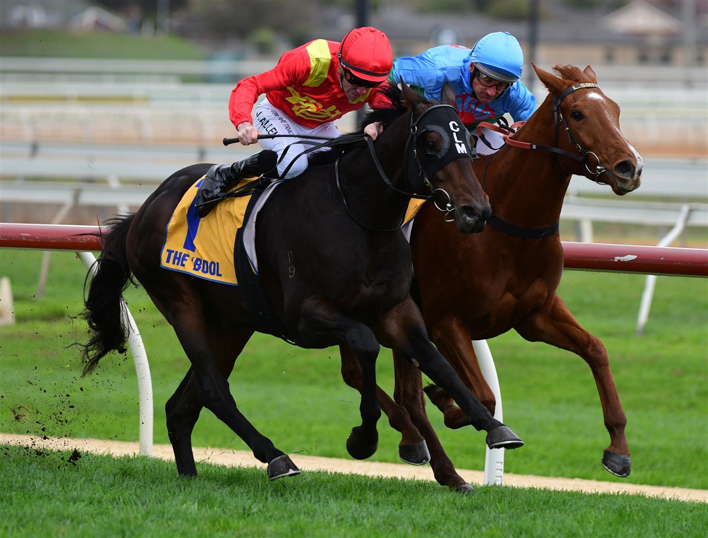 WARRNAMBOOL, AUSTRALIA - MAY 04: John Allen riding Jamarra defeats Damien Oliver riding Yellow Sam in Race 1, the Warrnambool City Volkswagen 2yo Handicap, during Galleywood Hurdle day at Warrnambool Racing Club on May 04, 2022 in Warrnambool, Australia. (Photo by Vince Caligiuri/Getty Images)