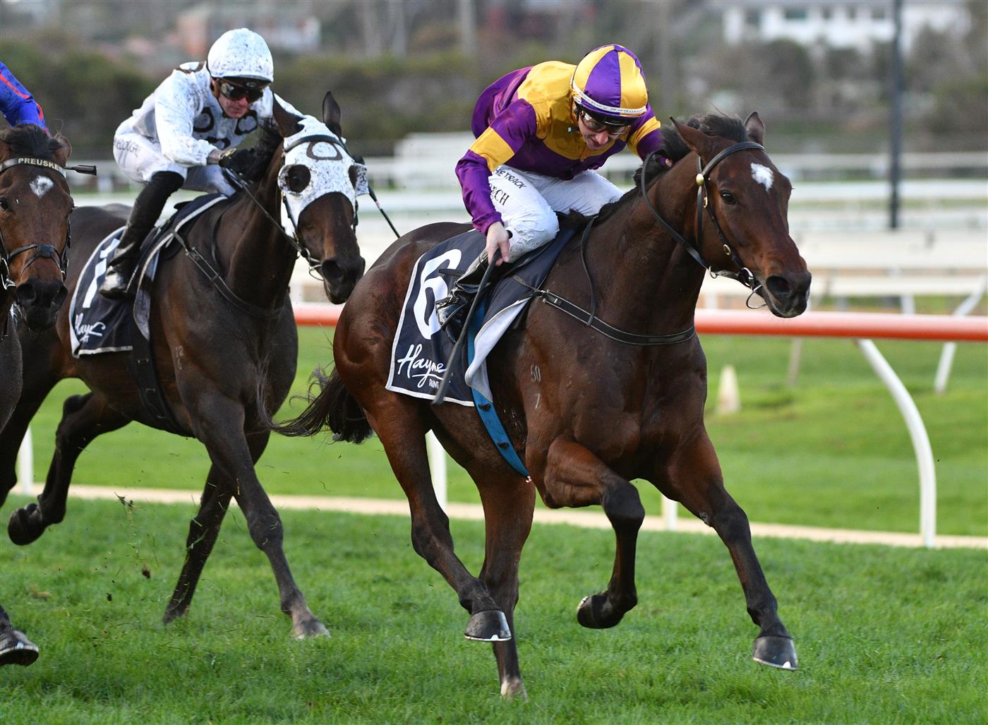 WARRNAMBOOL, AUSTRALIA - MAY 04: Linda Meech riding Mark of the Man winning Race 10 , the Whalers Hotel Bm64 Handicap, during Galleywood Hurdle day at Warrnambool Racing Club on May 04, 2022 in Warrnambool, Australia. (Photo by Vince Caligiuri/Getty Images)